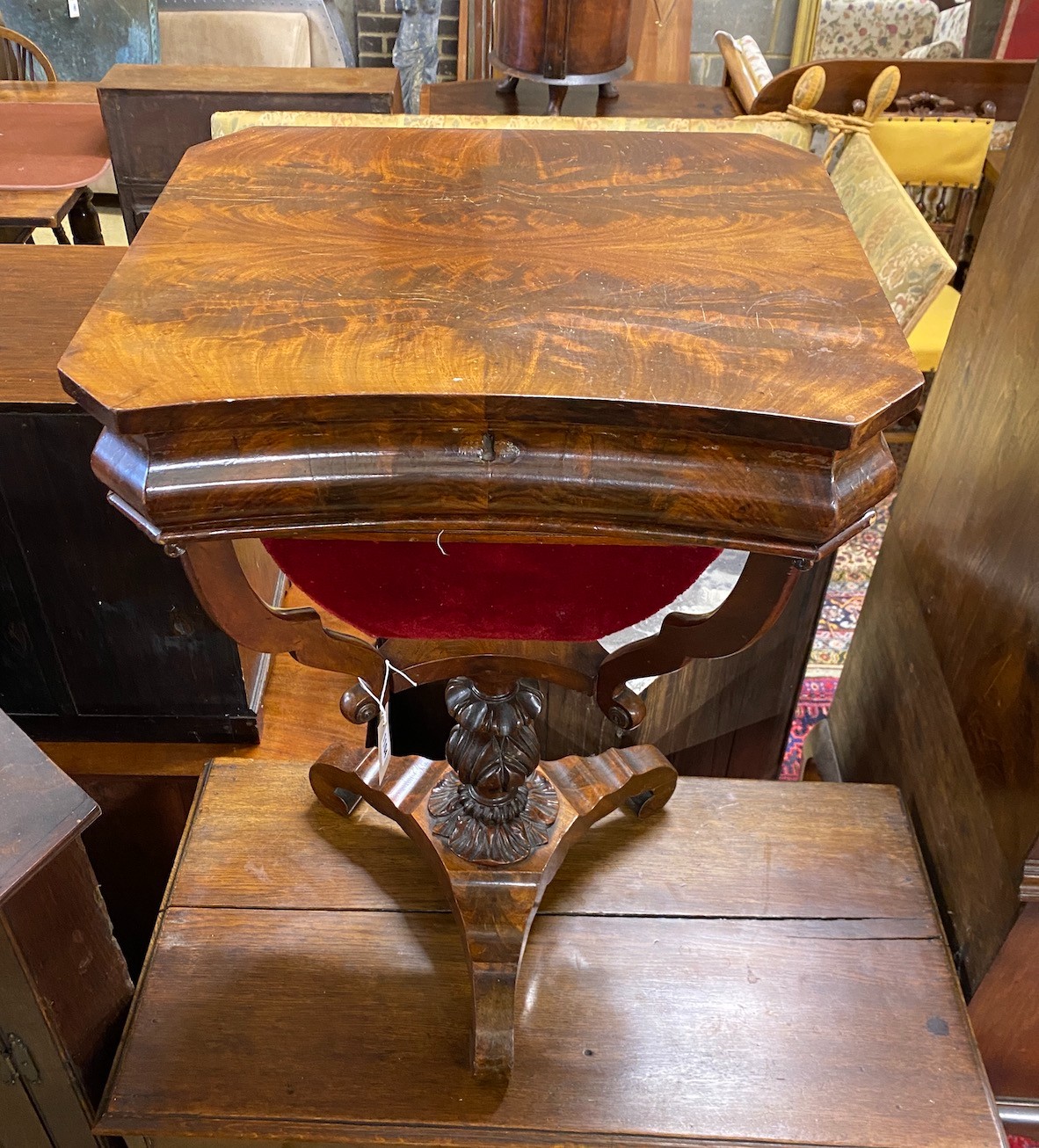 A 19th century French mahogany work table, width 49cm, depth 39cm, height 73cm